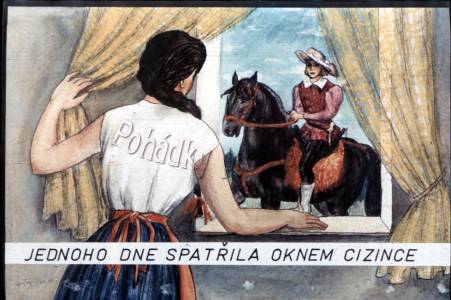 {Jednou matka odešla z domu a Dobrunka seděla u kolovrátku. Tu se ozval venku koňský dupot. Dobrunka se podívala okénkem a uviděla přijíždět krásného mladíka. U chaloupky seskočil a přivázal koně ke stromu.
}