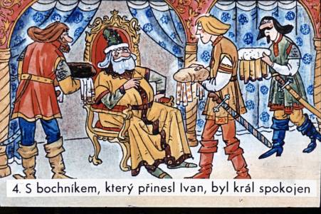 {Druhý den po svatbě řekl král synům: „Ať mi do zítřka každá upeče bochník bílého chleba!“ Princové vyřídili mladým ženám královo přání. V noci shodila se sebe žabka kůži a proměnila se v krásnou Moudrou Vasilku. Promísila mouku, uhnětla těsto a upekla pěkný bílý chléb. Nejstarší králevic přinesl otci chléb připálený, prostřední zase nedopečený. S bochníkem, který přinesl nejmladší syn, byl  král spokojen a řekl: „Takový chléb by se měl jíst jen o svátcích.“}