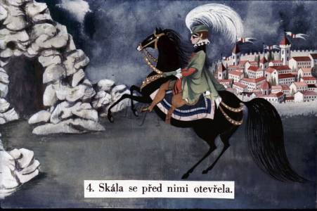 {Nevěděl, kam ho koník nese. Pojednou vidí věže krásného města. Koník ale klusal přes pole ke skále. Když do ní kopl, otevřela se a vjeli do pěkné stáje. „Mne nechej tady. Ty jdi ke králi do služby a vydávej se za němého,“ řekl princi koník. „A když budeš něco potřebovat, přijď a třikrát na skálu zaklepej.“}