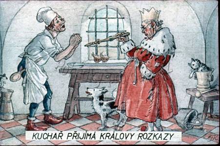 {Král nevěděl, co k přivítám prince zařídit dřív. Zavolal kuchaře, a už se při rozkazech olizoval, kuchař však jen oči vyvalil a běžel do kuchyně. Král za ním, a tady jako když hrom do něho uhodí. Kuchyň prázdná, plotna studená, nikde ani drobečku, jen na okně dvě cibuličky.}