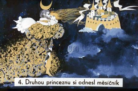 {Ráno vypravoval princ sestrám, co se stalo. To bylo křiku a výhrůžek! Ale večer se k bratrovi přitočila starší sestra: „Jestli v noci přijde ženich, neodbuď ho!“ O půlnoci zaklepal princi na okno král měsíce; princ odběhl pro sestru a měsíčník si ji po stříbrných oblacích donesl do měsíčního paláce.}